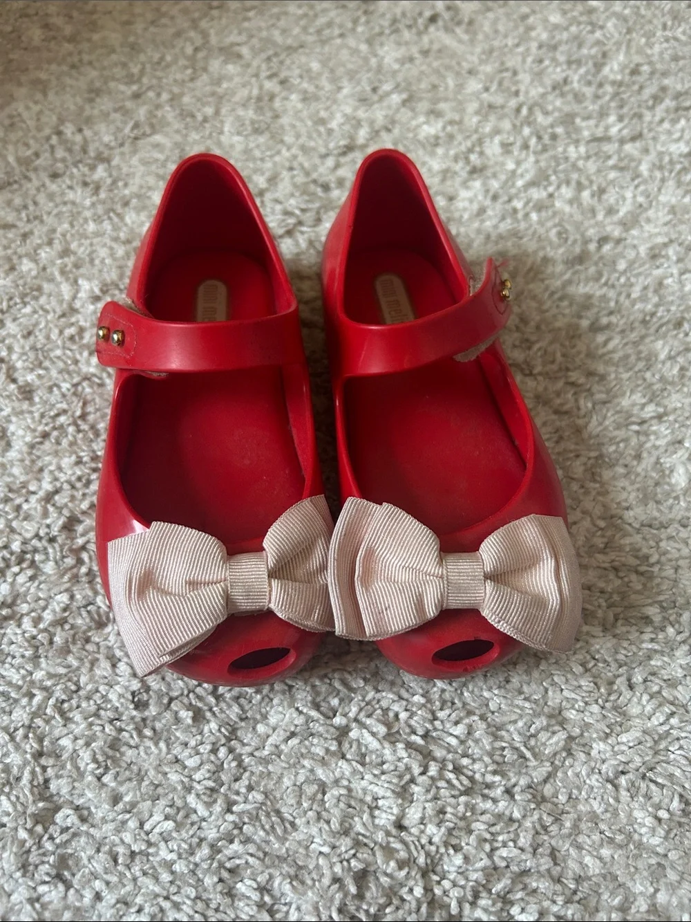 Mini Melissa Red Mary Jane Flats with Pale Pink Bows